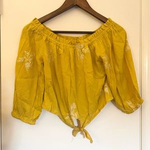 Rebellion Again Mustard yellow off the shoulder crop top tie front embroidered L